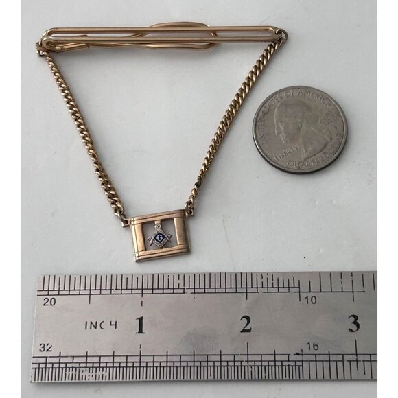 Vintage Swank Masonic Tie Bar Chain Pendant Gold Tone Blue Freemason Symbol - Picture 2 of 4